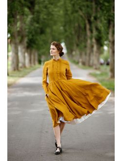 Mustard Linen Dress, Linen Midi Dress, Long Sleeve Dress, Fall Clothing, Linen Clothes, Flare Dress, Modest Dress, Apron Dress / Elisa