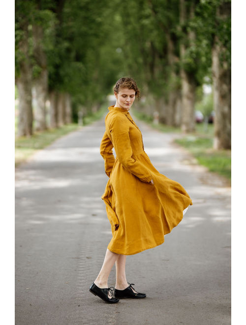 Mustard Linen Dress, Linen Midi Dress, Long Sleeve Dress, Fall Clothing, Linen Clothes, Flare Dress, Modest Dress, Apron Dress / Elisa