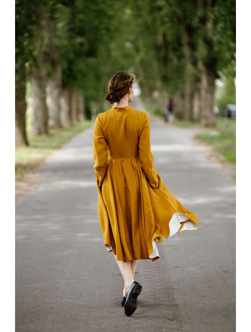 Mustard Linen Dress, Linen Midi Dress, Long Sleeve Dress, Fall Clothing, Linen Clothes, Flare Dress, Modest Dress, Apron Dress / Elisa