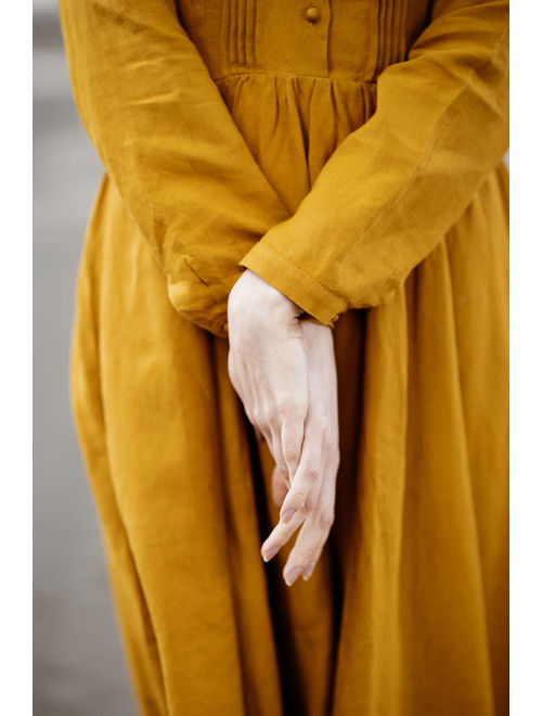 Mustard Linen Dress, Linen Midi Dress, Long Sleeve Dress, Fall Clothing, Linen Clothes, Flare Dress, Modest Dress, Apron Dress / Elisa