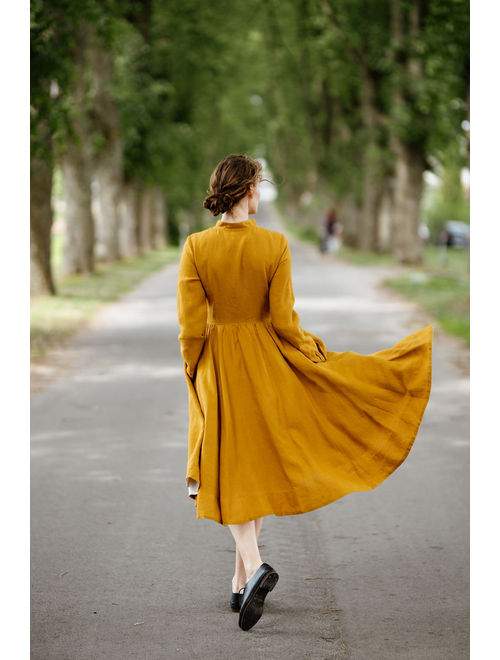 Mustard Linen Dress, Linen Midi Dress, Long Sleeve Dress, Fall Clothing, Linen Clothes, Flare Dress, Modest Dress, Apron Dress / Elisa