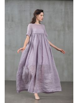 empired linen dress, soft lilac dress, maxi dress, linen maxi dress with pockets, plus size dress, linen kaftan, boho dress Linennaive