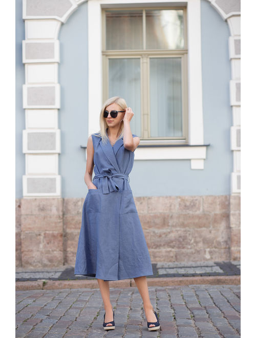 Wrap linen dress BEGONIA, Midi linen dress, Linen dress in jeans blue color, Blue linen dress for woman