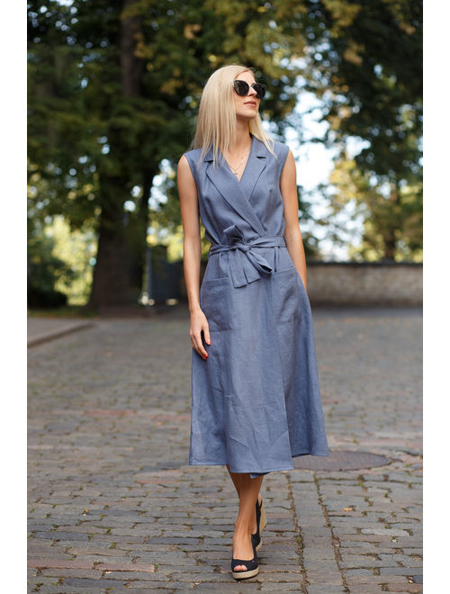 Wrap linen dress BEGONIA, Midi linen dress, Linen dress in jeans blue color, Blue linen dress for woman