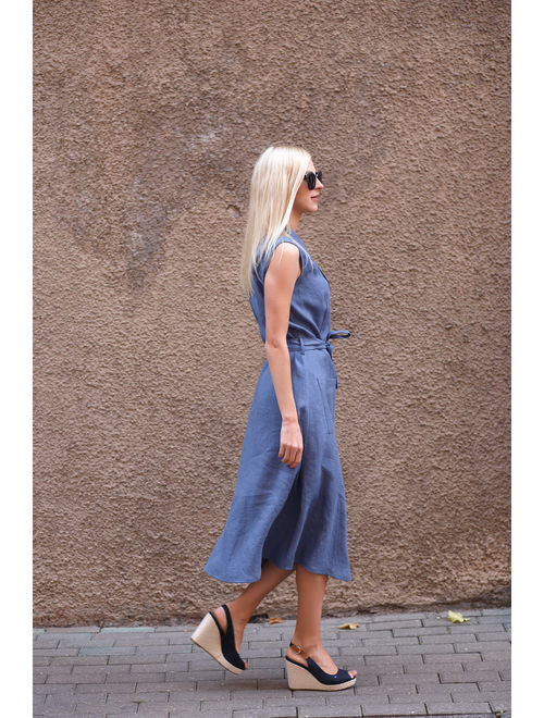 Wrap linen dress BEGONIA, Midi linen dress, Linen dress in jeans blue color, Blue linen dress for woman