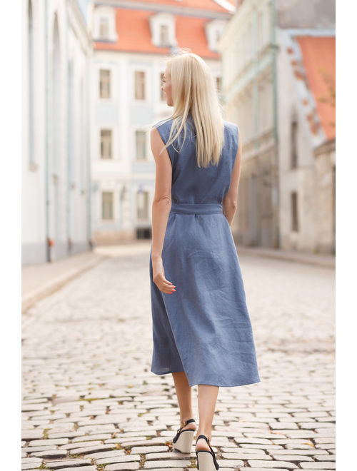 Wrap linen dress BEGONIA, Midi linen dress, Linen dress in jeans blue color, Blue linen dress for woman