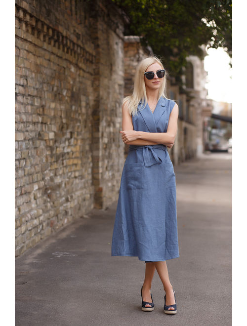 Wrap linen dress BEGONIA, Midi linen dress, Linen dress in jeans blue color, Blue linen dress for woman