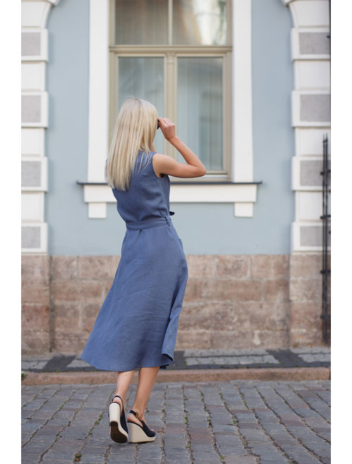 Wrap linen dress BEGONIA, Midi linen dress, Linen dress in jeans blue color, Blue linen dress for woman