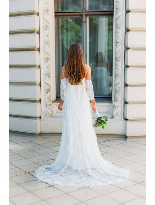 Boho Style A-line Off-shoulder Long Tail Lace Wedding Dress