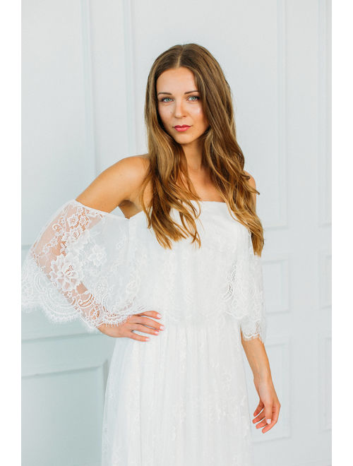 Boho Style A-line Off-shoulder Long Tail Lace Wedding Dress