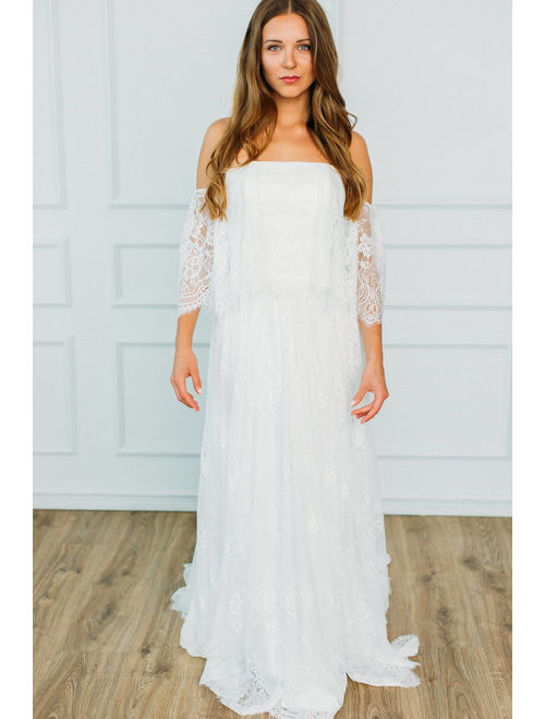 Boho Style A-line Off-shoulder Long Tail Lace Wedding Dress