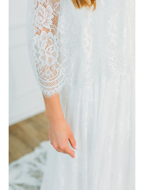 Boho Style A-line Off-shoulder Long Tail Lace Wedding Dress