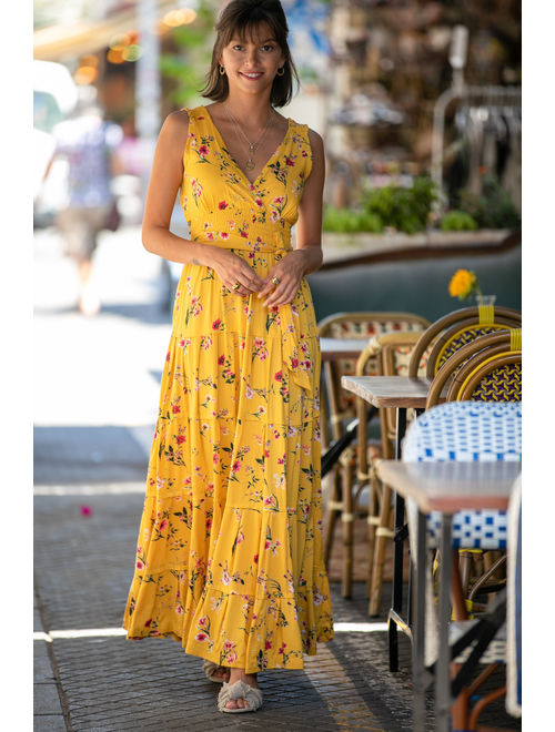 Yellow Floral Romantic Maxi Dress, Bohemian Urban Summer Dress, Resort Vacation Dress for Women, 