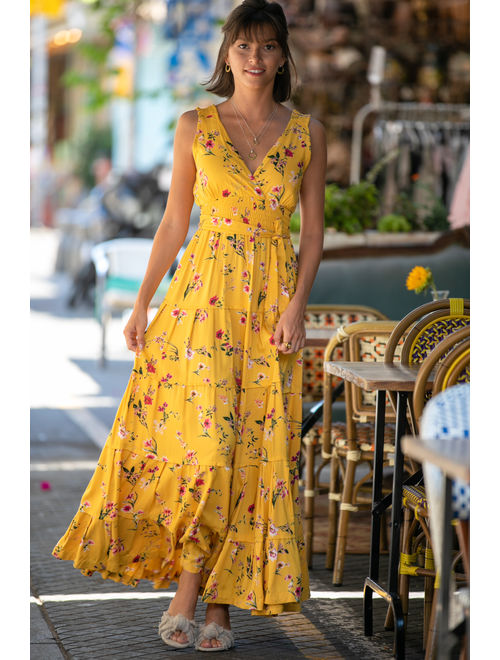 Yellow Floral Romantic Maxi Dress, Bohemian Urban Summer Dress, Resort Vacation Dress for Women, 