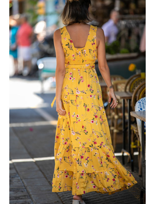 Yellow Floral Romantic Maxi Dress, Bohemian Urban Summer Dress, Resort Vacation Dress for Women, 