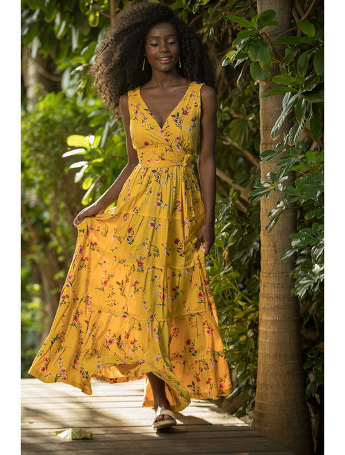 Yellow Floral Romantic Maxi Dress, Bohemian Urban Summer Dress, Resort Vacation Dress for Women, 