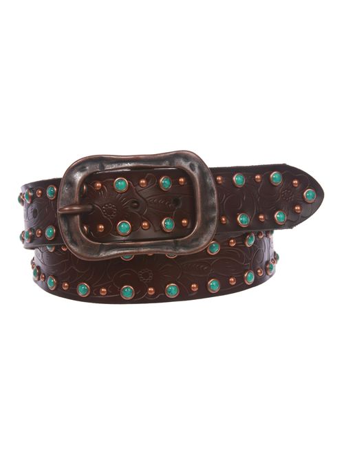 1 1/2" Snap On Floral Engraving Turquoise Studded Leather Belt