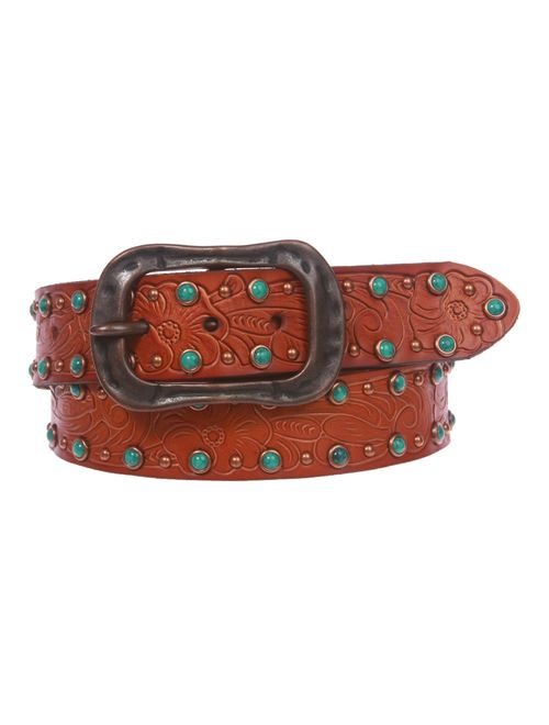 1 1/2" Snap On Floral Engraving Turquoise Studded Leather Belt