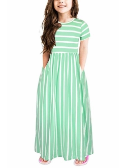 GORLYA Girl's Short Sleeve  Loose Casual Holiday Long Maxi Dress with Pockets 