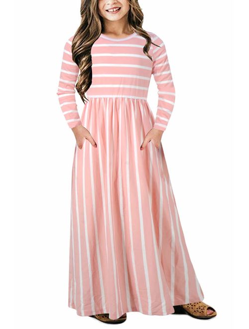 GORLYA Girl's Short Sleeve  Loose Casual Holiday Long Maxi Dress with Pockets 