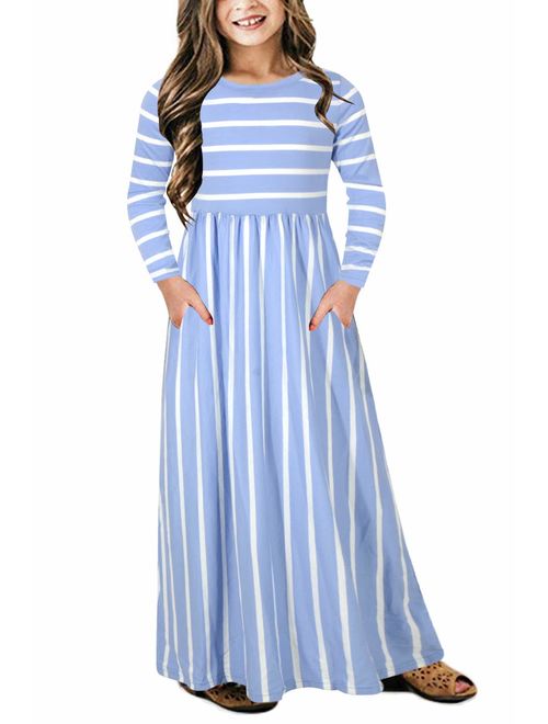 GORLYA Girl's Short Sleeve  Loose Casual Holiday Long Maxi Dress with Pockets 