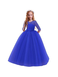 Girls Flower Floral Lace 3/4 Sleeves Floor Long Princess Dress Wedding Party Evening Formal Pegeant Maxi Gown