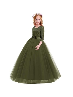 Girls Flower Floral Lace 3/4 Sleeves Floor Long Princess Dress Wedding Party Evening Formal Pegeant Maxi Gown