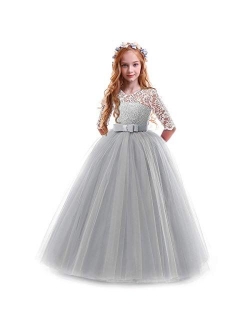 Girls Flower Floral Lace 3/4 Sleeves Floor Long Princess Dress Wedding Party Evening Formal Pegeant Maxi Gown