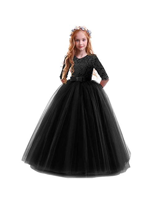 Girls Flower Floral Lace 3/4 Sleeves Floor Long Princess Dress Wedding Party Evening Formal Pegeant Maxi Gown