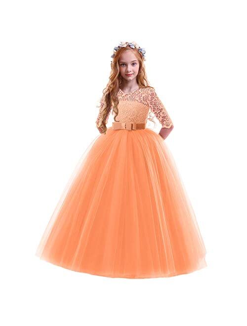 Girls Flower Floral Lace 3/4 Sleeves Floor Long Princess Dress Wedding Party Evening Formal Pegeant Maxi Gown