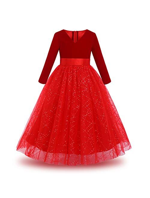 Girls Flower Floral Lace 3/4 Sleeves Floor Long Princess Dress Wedding Party Evening Formal Pegeant Maxi Gown