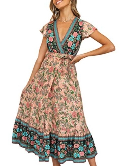 Bohemian Floral Printed Wrap V Neck Short Sleeve High Slit Beach Party Maxi Dress