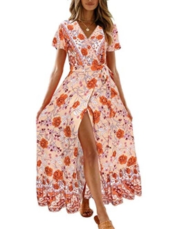 Bohemian Floral Printed Wrap V Neck Short Sleeve High Slit Beach Party Maxi Dress