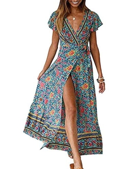 Bohemian Floral Printed Wrap V Neck Short Sleeve High Slit Beach Party Maxi Dress