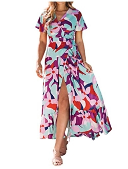 Bohemian Floral Printed Wrap V Neck Short Sleeve High Slit Beach Party Maxi Dress