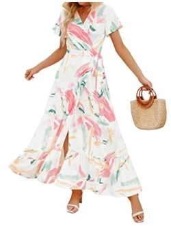 Bohemian Floral Printed Wrap V Neck Short Sleeve High Slit Beach Party Maxi Dress