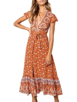 Bohemian Floral Printed Wrap V Neck Short Sleeve High Slit Beach Party Maxi Dress