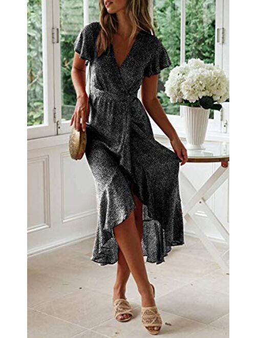 ZESICA Bohemian Floral Printed Wrap V Neck Short Sleeve High Slit Beach Party Maxi Dress