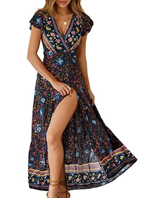 ZESICA Bohemian Floral Printed Wrap V Neck Short Sleeve High Slit Beach Party Maxi Dress