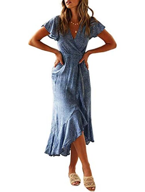 ZESICA Bohemian Floral Printed Wrap V Neck Short Sleeve High Slit Beach Party Maxi Dress