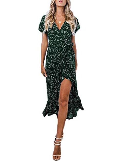 ZESICA Bohemian Floral Printed Wrap V Neck Short Sleeve High Slit Beach Party Maxi Dress