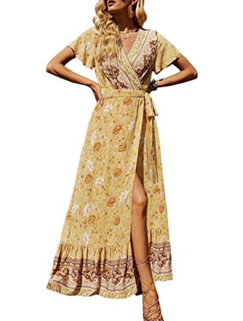 ZESICA Bohemian Floral Printed Wrap V Neck Short Sleeve High Slit Beach Party Maxi Dress