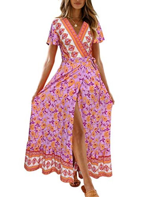 ZESICA Bohemian Floral Printed Wrap V Neck Short Sleeve High Slit Beach Party Maxi Dress