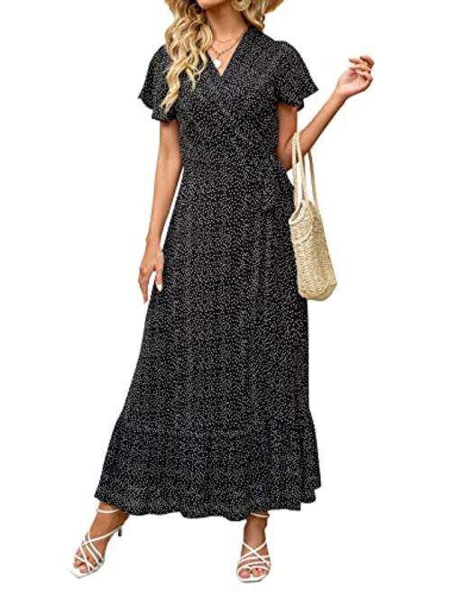 ZESICA Bohemian Floral Printed Wrap V Neck Short Sleeve High Slit Beach Party Maxi Dress