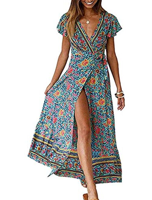 ZESICA Bohemian Floral Printed Wrap V Neck Short Sleeve High Slit Beach Party Maxi Dress