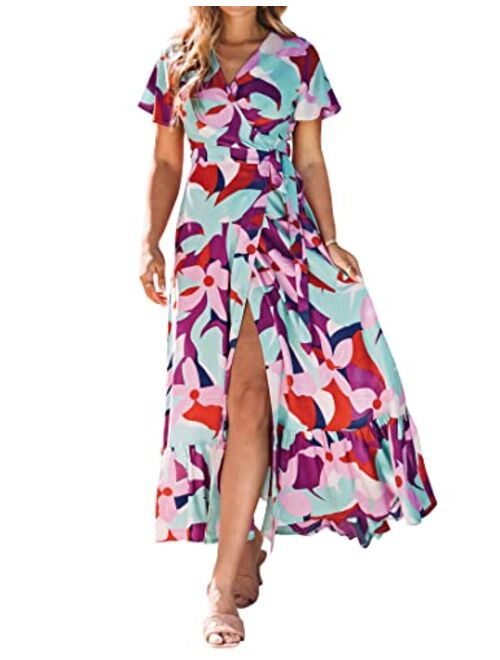 ZESICA Bohemian Floral Printed Wrap V Neck Short Sleeve High Slit Beach Party Maxi Dress