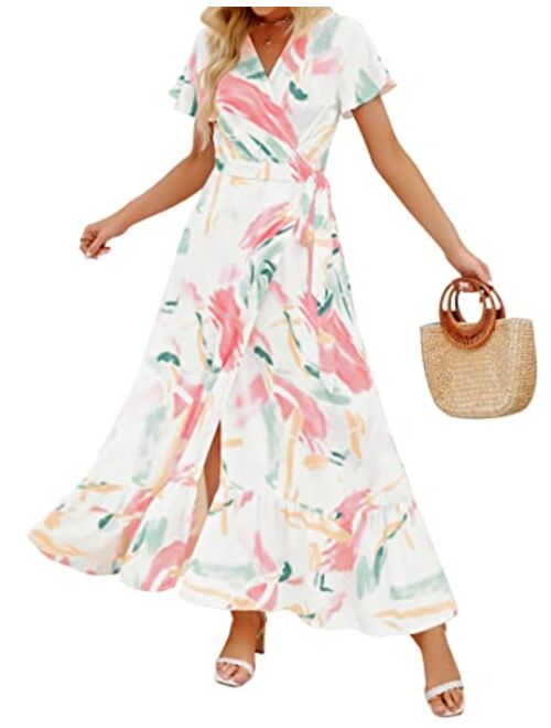 ZESICA Bohemian Floral Printed Wrap V Neck Short Sleeve High Slit Beach Party Maxi Dress