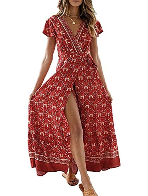 ZESICA Bohemian Floral Printed Wrap V Neck Short Sleeve High Slit Beach Party Maxi Dress