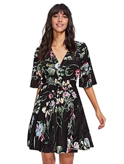 Women's Boho Button Up Split Floral Print Flowy Party Dress