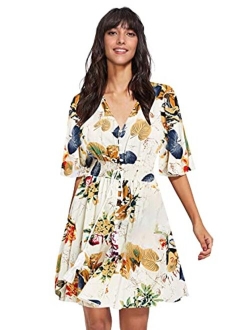 Women's Boho Button Up Split Floral Print Flowy Party Dress